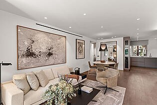 Panoramic view of the dining room, living room and kitchen